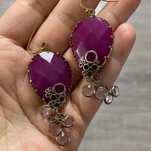 Elegant vintage, Gold silver and Purple ruby Dangle Earrings